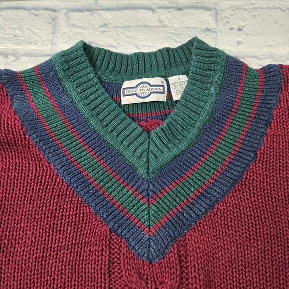 Vintage Gulf Traders Men's Sweater Red Cable Vneck Varsity Ribbed Trim Medium - Picture 2 of 12